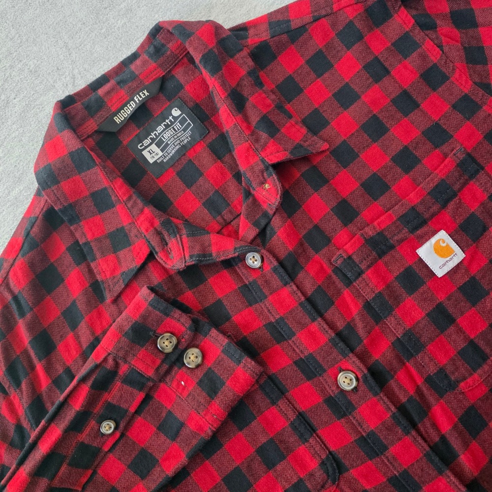 Carhartt Rugged Flex Loose Fit Flannel Shirt Red Black Buffalo Plaid XL Youth